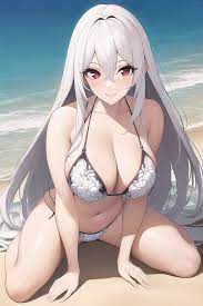 original characters, long hair, white hair, solo, cleavage, big boobs,  smiling, anime, anime girls, AI art, artwork, digital art, beach, portrait  display, bikini, water, waves | 2048x3072 Wallpaper - wallhaven.cc