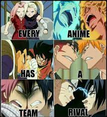Every Anime Has A Team Rival Text Funny Anime Characters Crossover Naruto One Piece Dragonball Z Bleach Fairy Tail Anime Anime Crossover Otaku Anime