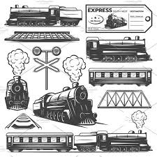 Vintage Locomotive Elements Set Locomotive Monochrome Childrens Illustrations