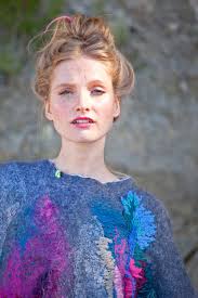 Multicolored Felted Pullover Sweater With Batwing Sleeves