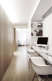 Wooden Floor Wall Desktop Computer Office Design White Chairs Desk Bookshelves In 2020 Modern Apartment Design Apartment Design Gray Home Offices