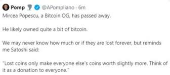 Mircea popescu, a romanian nationwide and famous bitcoin maximalist who promised to dump over a million bitcoins if block sizes have been adjusted, supposedly drowned off the coast of costa rica. Kpviq2hlgmi6gm