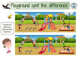 Spot a difference picture puzzle for young kids (girls & boys). Playground Spot The Difference Free Printable Game Treasure Hunt 4 Kids