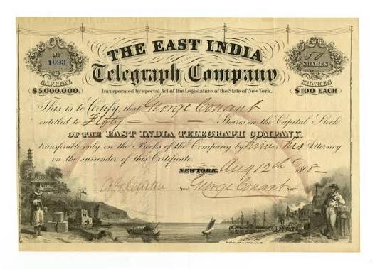 Lot - East India Telegraph Co. Stock Signed by Company President & Secretary