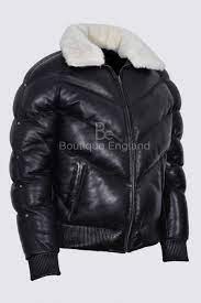 Ace Men S Puffer Black Real Leather Jacket White Shearling Collar Winter Warm Real Leather Jacket Leather Bomber Jacket Leather Jacket Men