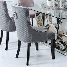 Velvet linen dining chairs chrome knocker and studs black legs pair single. Grey Velvet Dining Chair With Studded Trims And Ring Knocker Back Velvet Dining Chairs Dining Chairs Gray Dining Chairs
