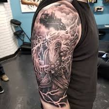 Black And Grey Realism Tattoo Artists Scotland Greek Gods Vs Titans Sleeve Started Today By Jj J3ink Artist Watchtowertattooco Mythology Tattoos Greek Tattoos Zeus Tattoo