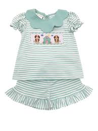 Zuccini Turquoise Striped Knit Blouse Ruffle Shorts Set W Smocked D Namedropperkids Com Infant Baby Babygirl Bou Ruffle Shorts Short Sets Striped Knit