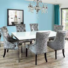 Choose from contactless same day delivery, drive up and more. Fadenza White Glass 200cm Dining Table And 6 Silver Chairs With Knocker Contemporary Dining Room Sets Grey Dining Room Blue Chairs Living Room