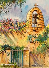 water painting by artist chawki dalal lebanon لوحة جديدة لكنيسة مار الياس الح ي في منطقة جنجل بلاد جبيل بريشة شوقي دلال المواد المستع art painting