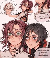 yonumo, kaedehara kazuha, scaramouche (genshin impact), shikanoin heizou,  genshin impact, highres, 3boys, black hair, black nails, blue eyes, blush,  brown hair, english text, eyeliner, green eyes, hands on anothers  neck, male focus,