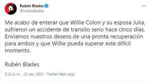 Este domingo se reportó que el músico willie colón sufrió un accidente automovilístico, al viajar junto a esposa julia, por carolina del norte, en estados unidos, por lo que fue hospitalizado de gravedad. N8ti2mw4riyvim