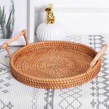 Coffee table tray round rattan ottoman tray woven serving trays with handles for home and kitchen decorative natural（large 14 inch x 2.8 inch）. Handmade Round Rattan Tray With High Walls Kunststuck Cybermarket