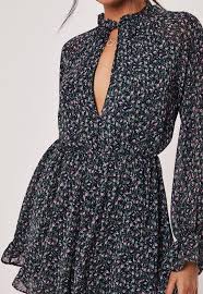 Black Floral High Neck Plunge Smock Dress Smock Dress Dresses Black Floral