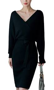 Black V Neck Wrap Knitted Midi Dress Knit Midi Dress Dresses Midi Dress
