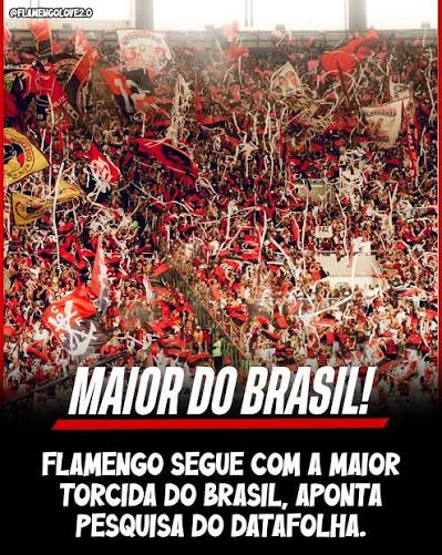 Flamengo segue com a maior torcida do Brasil, aponta pesquisa do Datafolha. RANKING: 1. Flamengo - 19% da torcida nacional 2. Corinthians - 14% 3. Palmeiras - 7% 4. S&atilde;o Paulo -
