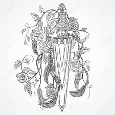 Black ink flaming dagger tattoo design by shania blake. Medieval Sword Roses Leaves Feathers And Ribbon Banner On Aged Paper Background Vintage Floral Highly Detailed Hand Drawn Illustration Be Brave Isolated Elements Victorian Motif Tattoo Design Royalty Free Cliparts Vectors And Stock