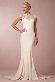 Bhldn 2016 Elegant Wedding Dresses With Cap Sleeves High Neck Lace And Satin Sheath Bridal Gowns With Buttons Back And Sweep Train Simple Wedding Dresses Weddin Wedding Dresses Online Wedding Dress