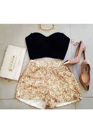 Black And Gold Top Gold Sequined Shorts Lookbook Store Fashion Night Out Outfit Short Outfits