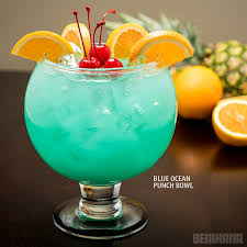 Blue Ocean Punch Bowl For Two Or More A Tropical Blue Concoction With Malibu Rum New Amsterdam Pineapple Pineapple Vodka Curacao Drink Spiced Rum Cocktails