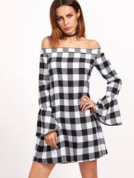 Black And White Checkered Off The Shoulder Top Black And White Checkered Off The Shoulder Bell Cuff Dress Black And White Long Dresses Checkered Dress