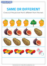 In the various worksheets, kids are asked to recognize the picture, shapes and words that are either the same as another or different from the rest of a group. Identify The Different Objects Same And Different Worksheets For Preschool Kindergarten Grade Math Worksheets Schoolmykids Com