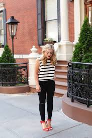 Black And White Striped Dress With Red Shoes Distressed Black Denim Striped Top Red Sandals Red Sandals Outfit Red Shoes Outfit Fashion
