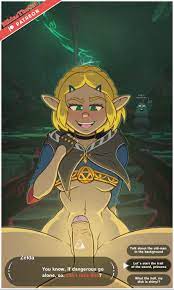 1boy 1girls blonde female blonde hair blush breath of the wild  clothed english text gloves green eyes huge cock hylian imminent sex  midasartistcat midasthecat princess zelda short hair tears