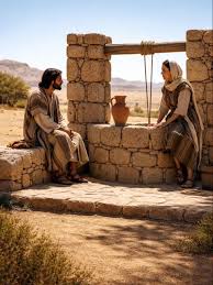 uma representação poderosa do encontro entre Jesus e a mulher samaritana no  poço. Uma imagem que nos lembra que, mesmo quando buscamos água no fundo do  poço, existe uma fonte viva fluindo