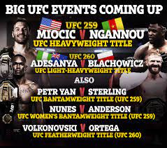 Watch on ufc fight pass. Ufc Schedule 2021 Every Major Upcoming Ufc Event Including Israel Adesanya S Ufc 259 Card Plus Miocic Vs Ngannou 2 Diazhub