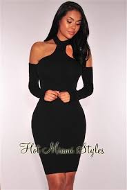 Black Knit Ribbed Choker Off Shoulder Dress Long Sleeve Knit Dress Hot Miami Styles Off Shoulder Dress