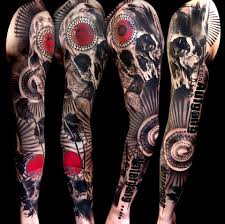 Black And Red Arm Sleeve Tattoos Black And Red Tattoo Full Sleeve Meanings Skull Sleeve Tattoos Sleeve Tattoos Trash Polka Tattoo Designs