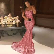 Mermaid Strapless Sweep Train Coral Sequined Evening Prom Dress Vestido Cola De Sirena Vestidos De Gala Rosados Vestidos De Fiesta