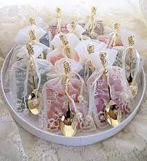 12 Assorted Tea Bag And Gold Rose Demi Spoon Favors In Embroidered Ivory Favor Bags Tea Party Favors Tea Party Bridal Shower Bridal Tea