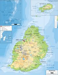 Physical map of mauritius showing major cities, terrain, national parks, rivers, and surrounding countries with international borders and outline maps. Physical Map Of Mauritius Ezilon Maps