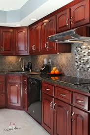 This Kitchen Does An Excellent Job Of Contrasting Cool And Warm Colors Into A Cohesive Red Kitchen Cabinets Granite Countertops Kitchen Cherry Cabinets Kitchen
