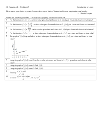 Ap calculus related rates problem. Ap Calculus Ab Worksheet 7 Introduction To Limits There Are No