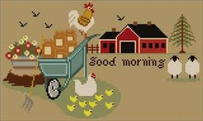 A selection of cross stitch designs with farms, barns, fields and meadows, farmyard animals, farmers on their tractors or milking the cows. Dawn At The Barn Cross Stitch Pattern