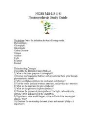 Ngss Ms Ls 1 6 Photosynthesis Study Guide With Key Photosynthesis Ngss Study Guide