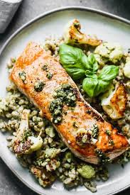 Crispy Salmon With Pesto And Cauliflower Cooking For Keeps Recipe 5 Ingredient Dinners Seafood Recipes Seafood Dinner