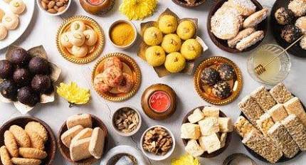 Traditional festival sweets and snacks in local markets, AI generated