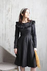 Black A Line Dress With Sleeves Black Linen Dress For Women Dress In Long Sleeves Linen Dress With Pockets Linen Clothes For Women Black Dress Women Romantic Linen Dress Black Linen Dress Classic Dress Womens Black Dress