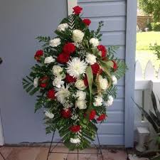 Standing Spray Deluxe Red Withe And Gold Funeral Flower Arrangements Funeral Flowers Sympathy Flowers