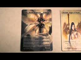 Print out color copies, cut them out and either put them in front of lands, or use a glue stick and stick them to the lands. Mtg Custom Proxy Cards Iona Akroma Full Art Youtube