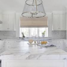 White U Shaped Kitchen With Marble Slab Backsplash White Kitchen Design Transitional Style Living Room Kitchen Interior