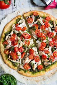 This Simple Chicken Pesto Pizza Starts With The Perfect Quick And Easy Paleo Pizza Crust Topped With A Fla Dairy Free Pizza Dairy Free Pesto Paleo Pizza Crust