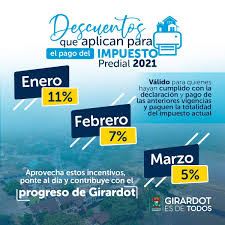 Consulta el impuesto predial quito 2021 (actualizado), solo necesitas ingresar el número del predio el municipio de quito actualizó los valores del impuesto predial para el año 2021, consulta y paga a. Descuentos Impuesto Predial 2021 Alcaldia De Girardot Facebook