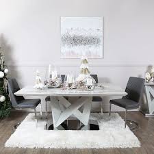 This dining set is composed of a table, 2 chairs, and a bench. Blanche Marble Effect Dining Table And 6 Grey Faux Leather Chairs Set Picture Perfect Home