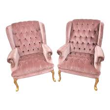 1990s Vintage Queen Anne Pink Velvet Wingback Chairs A Pair Velvet Wingback Chair Pink Velvet Chair Vintage Wingback Chair