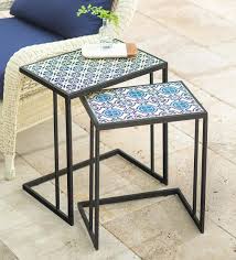 Empty marble table and ceramic tile brick wall in background. Handmade Ceramic Tile Nesting Tables Set Of 2 Plowhearth